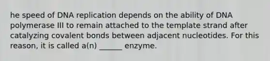 he speed of DNA replication depends on the ability of DNA polymerase III to remain attached to the template strand after catalyzing covalent bonds between adjacent nucleotides. For this reason, it is called a(n) ______ enzyme.