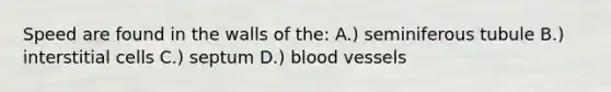 Speed are found in the walls of the: A.) seminiferous tubule B.) interstitial cells C.) septum D.) blood vessels