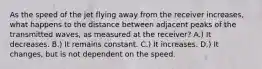 As the speed of the jet flying away from the receiver increases, what happens to the distance between adjacent peaks of the transmitted waves, as measured at the receiver? A.) It decreases. B.) It remains constant. C.) It increases. D.) It changes, but is not dependent on the speed.