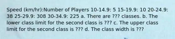 Speed​ (km/hr):Number of Players 10-14.9: 5 15-19.9: 10 20-24.9: 38 25-29.9: 308 30-34.9: 225 a. There are ??? classes. b. The lower class limit for the second class is ??? c. The upper class limit for the second class is ??? d. The class width is ???
