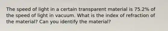 The speed of light in a certain transparent material is 75.2% of the speed of light in vacuum. What is the index of refraction of the material? Can you identify the material?