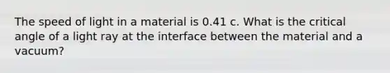 The speed of light in a material is 0.41 c. What is the critical angle of a light ray at the interface between the material and a vacuum?