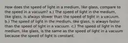 How does the speed of light in a medium, like glass, compare to the speed in a vacuum? a.) The speed of light in the medium, like glass, is always slower than the speed of light in a vacuum. b.) The speed of light in the medium, like glass, is always faster than the speed of light in a vacuum. c.) The speed of light in the medium, like glass, is the same as the speed of light in a vacuum because the speed of light is constant.