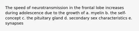 The speed of neurotransmission in the frontal lobe increases during adolescence due to the growth of a. myelin b. the self-concept c. the pituitary gland d. secondary sex characteristics e. synapses