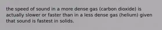 the speed of sound in a more dense gas (carbon dioxide) is actually slower or faster than in a less dense gas (helium) given that sound is fastest in solids.