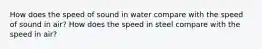 How does the speed of sound in water compare with the speed of sound in air? How does the speed in steel compare with the speed in air?