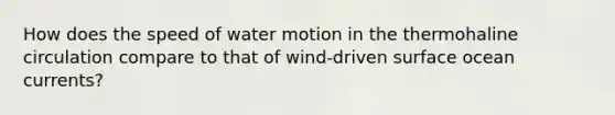 How does the speed of water motion in the thermohaline circulation compare to that of wind-driven surface ocean currents?