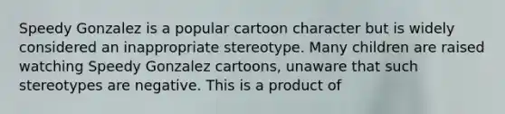 Speedy Gonzalez is a popular cartoon character but is widely considered an inappropriate stereotype. Many children are raised watching Speedy Gonzalez cartoons, unaware that such stereotypes are negative. This is a product of