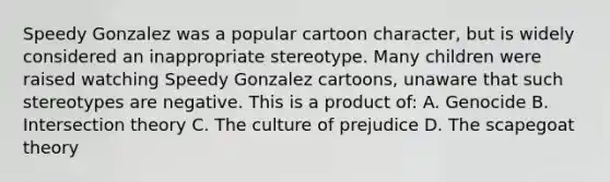 Speedy Gonzalez was a popular cartoon character, but is widely considered an inappropriate stereotype. Many children were raised watching Speedy Gonzalez cartoons, unaware that such stereotypes are negative. This is a product of: A. Genocide B. Intersection theory C. The culture of prejudice D. The scapegoat theory