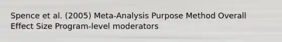 Spence et al. (2005) Meta-Analysis Purpose Method Overall Effect Size Program-level moderators