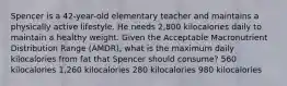 Spencer is a 42-year-old elementary teacher and maintains a physically active lifestyle. He needs 2,800 kilocalories daily to maintain a healthy weight. Given the Acceptable Macronutrient Distribution Range (AMDR), what is the maximum daily kilocalories from fat that Spencer should consume? 560 kilocalories 1,260 kilocalories 280 kilocalories 980 kilocalories