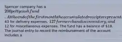 Spencer company has a 200 petty cash fund. At the end of the first month the accumulated receipts represents43 for delivery expenses, 127 for merchandise inventory, and12 for miscellaneous expenses. The fund has a balance of 18. The journal entry to record the reimbursement of the account includes a