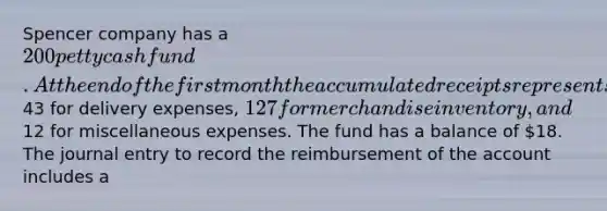 Spencer company has a 200 petty cash fund. At the end of the first month the accumulated receipts represents43 for delivery expenses, 127 for merchandise inventory, and12 for miscellaneous expenses. The fund has a balance of 18. The journal entry to record the reimbursement of the account includes a