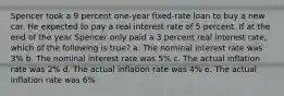 Spencer took a 9 percent one-year fixed-rate loan to buy a new car. He expected to pay a real interest rate of 5 percent. If at the end of the year Spencer only paid a 3 percent real interest rate, which of the following is true? a. The nominal interest rate was 3% b. The nominal interest rate was 5% c. The actual inflation rate was 2% d. The actual inflation rate was 4% e. The actual inflation rate was 6%