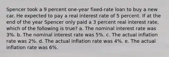 Spencer took a 9 percent one-year fixed-rate loan to buy a new car. He expected to pay a real interest rate of 5 percent. If at the end of the year Spencer only paid a 3 percent real interest rate, which of the following is true? a. The nominal interest rate was 3%. b. The nominal interest rate was 5%. c. The actual inflation rate was 2%. d. The actual inflation rate was 4%. e. The actual inflation rate was 6%.