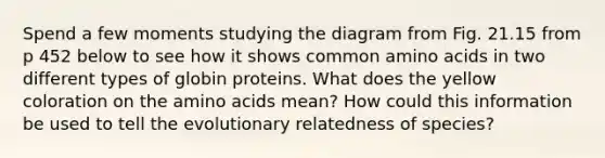 Spend a few moments studying the diagram from Fig. 21.15 from p 452 below to see how it shows common <a href='https://www.questionai.com/knowledge/k9gb720LCl-amino-acids' class='anchor-knowledge'>amino acids</a> in two different types of globin proteins. What does the yellow coloration on the amino acids mean? How could this information be used to tell the evolutionary relatedness of species?