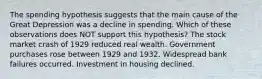 The spending hypothesis suggests that the main cause of the Great Depression was a decline in spending. Which of these observations does NOT support this hypothesis? The stock market crash of 1929 reduced real wealth. Government purchases rose between 1929 and 1932. Widespread bank failures occurred. Investment in housing declined.