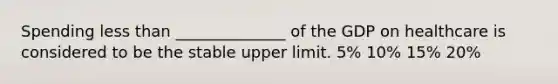 Spending less than ______________ of the GDP on healthcare is considered to be the stable upper limit. 5% 10% 15% 20%