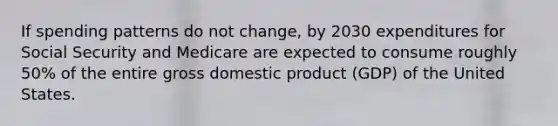 If spending patterns do not change, by 2030 expenditures for Social Security and Medicare are expected to consume roughly 50% of the entire gross domestic product (GDP) of the United States.