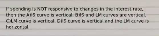 If spending is NOT responsive to changes in the interest rate, then the A)IS curve is vertical. B)IS and LM curves are vertical. C)LM curve is vertical. D)IS curve is vertical and the LM curve is horizontal.