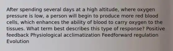 After spending several days at a high altitude, where oxygen pressure is low, a person will begin to produce more red blood cells, which enhances the ability of blood to carry oxygen to the tissues. What term best describes this type of response? Positive feedback Physiological acclimatization Feedforward regulation Evolution