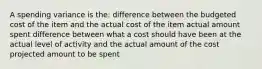 A spending variance is the: difference between the budgeted cost of the item and the actual cost of the item actual amount spent difference between what a cost should have been at the actual level of activity and the actual amount of the cost projected amount to be spent