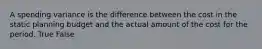 A spending variance is the difference between the cost in the static planning budget and the actual amount of the cost for the period. True False