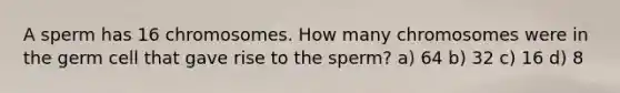 A sperm has 16 chromosomes. How many chromosomes were in the germ cell that gave rise to the sperm? a) 64 b) 32 c) 16 d) 8