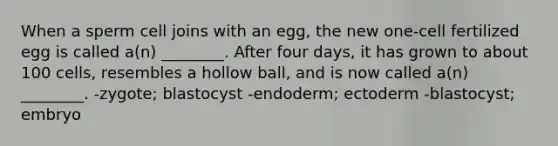 When a sperm cell joins with an egg, the new one-cell fertilized egg is called a(n) ________. After four days, it has grown to about 100 cells, resembles a hollow ball, and is now called a(n) ________. -zygote; blastocyst -endoderm; ectoderm -blastocyst; embryo