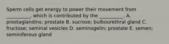 Sperm cells get energy to power their movement from __________, which is contributed by the __________. A. prostaglandins; prostate B. sucrose; bulbourethral gland C. fructose; seminal vesicles D. seminogelin; prostate E. semen; seminiferous gland