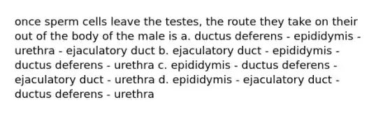 once sperm cells leave the testes, the route they take on their out of the body of the male is a. ductus deferens - epididymis - urethra - ejaculatory duct b. ejaculatory duct - epididymis - ductus deferens - urethra c. epididymis - ductus deferens - ejaculatory duct - urethra d. epididymis - ejaculatory duct - ductus deferens - urethra