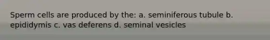 Sperm cells are produced by the: a. seminiferous tubule b. epididymis c. vas deferens d. seminal vesicles