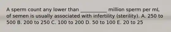 A sperm count any lower than ___________ million sperm per mL of semen is usually associated with infertility (sterility). A. 250 to 500 B. 200 to 250 C. 100 to 200 D. 50 to 100 E. 20 to 25