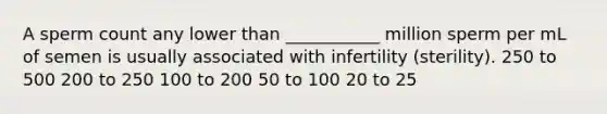 A sperm count any lower than ___________ million sperm per mL of semen is usually associated with infertility (sterility). 250 to 500 200 to 250 100 to 200 50 to 100 20 to 25