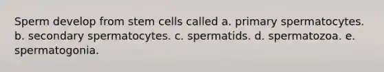 Sperm develop from stem cells called a. primary spermatocytes. b. secondary spermatocytes. c. spermatids. d. spermatozoa. e. spermatogonia.