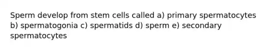 Sperm develop from stem cells called a) primary spermatocytes b) spermatogonia c) spermatids d) sperm e) secondary spermatocytes