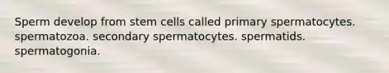 Sperm develop from stem cells called primary spermatocytes. spermatozoa. secondary spermatocytes. spermatids. spermatogonia.