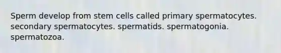 Sperm develop from stem cells called primary spermatocytes. secondary spermatocytes. spermatids. spermatogonia. spermatozoa.