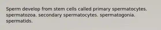 Sperm develop from stem cells called primary spermatocytes. spermatozoa. secondary spermatocytes. spermatogonia. spermatids.