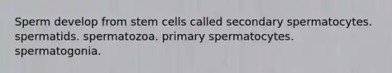 Sperm develop from stem cells called secondary spermatocytes. spermatids. spermatozoa. primary spermatocytes. spermatogonia.