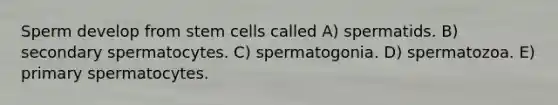 Sperm develop from stem cells called A) spermatids. B) secondary spermatocytes. C) spermatogonia. D) spermatozoa. E) primary spermatocytes.