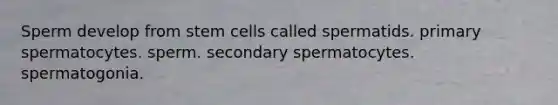 Sperm develop from stem cells called spermatids. primary spermatocytes. sperm. secondary spermatocytes. spermatogonia.