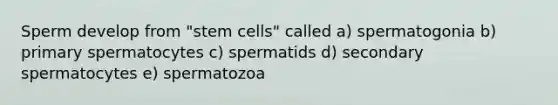 Sperm develop from "stem cells" called a) spermatogonia b) primary spermatocytes c) spermatids d) secondary spermatocytes e) spermatozoa