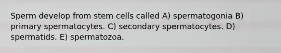 Sperm develop from stem cells called A) spermatogonia B) primary spermatocytes. C) secondary spermatocytes. D) spermatids. E) spermatozoa.