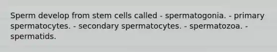 Sperm develop from stem cells called - spermatogonia. - primary spermatocytes. - secondary spermatocytes. - spermatozoa. - spermatids.