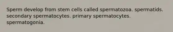 Sperm develop from stem cells called spermatozoa. spermatids. secondary spermatocytes. primary spermatocytes. spermatogonia.