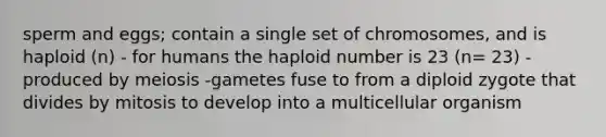 sperm and eggs; contain a single set of chromosomes, and is haploid (n) - for humans the haploid number is 23 (n= 23) -produced by meiosis -gametes fuse to from a diploid zygote that divides by mitosis to develop into a multicellular organism