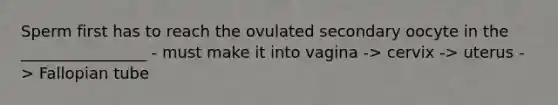 Sperm first has to reach the ovulated secondary oocyte in the ________________ - must make it into vagina -> cervix -> uterus -> Fallopian tube