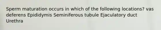 Sperm maturation occurs in which of the following locations? vas deferens Epididymis Seminiferous tubule Ejaculatory duct Urethra