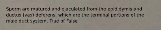 Sperm are matured and ejaculated from the epididymis and ductus (vas) deferens, which are the terminal portions of the male duct system. True of False